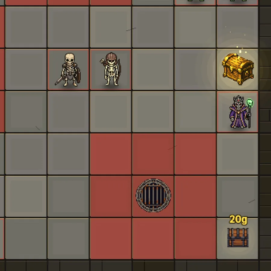 Dungeon Hole: the dungeon board, chests in the corners, orcs and goblins waiting