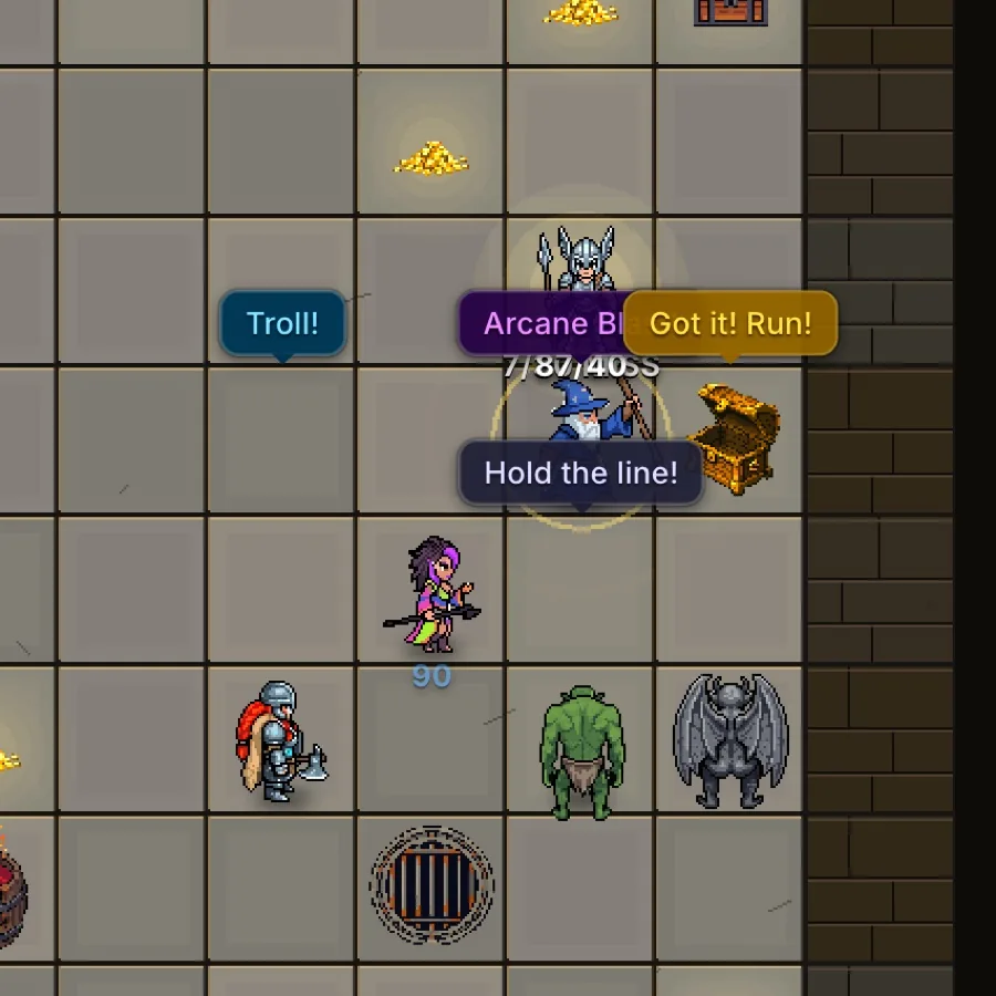 Dungeon Hole: the Valkyrie grabs the treasure, Got it! Run!, while the Wizard blasts the troll