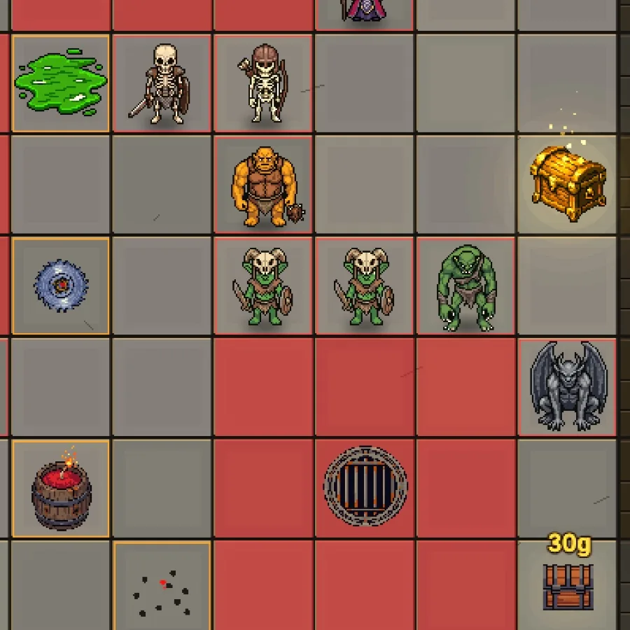 Dungeon Hole: the Defender's dungeon, skeletons, ogre, goblins and a gargoyle laid out around the treasure