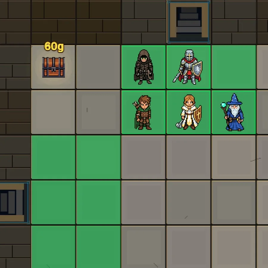Dungeon Hole: Thief, Fighter, Ranger, Cleric and Wizard on the green squares, ready to march