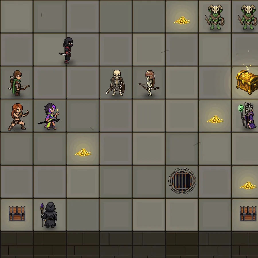 Dungeon Hole: the party spread across the board with the treasure glowing in the corner