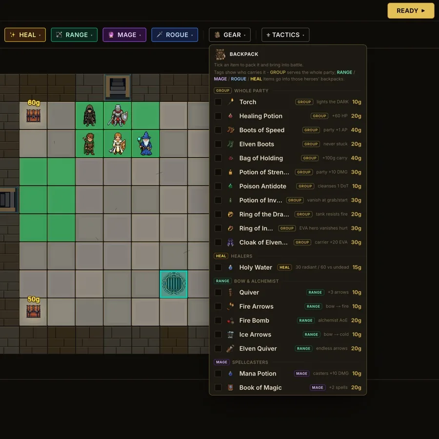 Dungeon Hole: the backpack, gear for the party before the door opens
