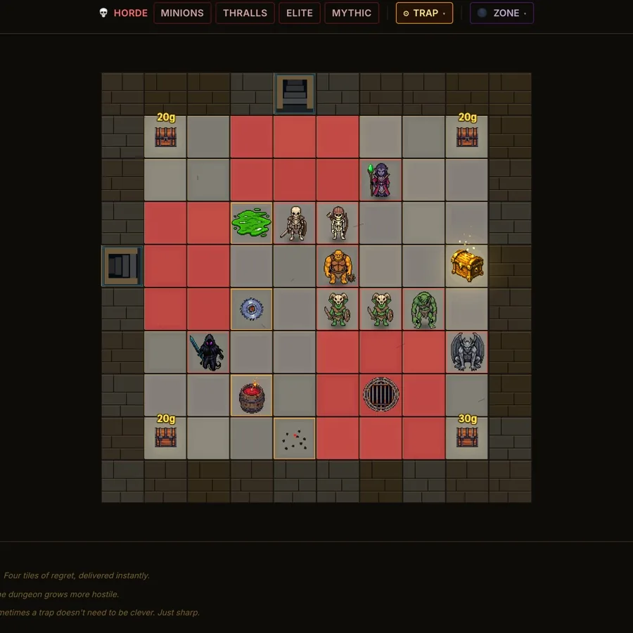 Dungeon Hole: the Defender's build screen, the horde shop bar and the traps