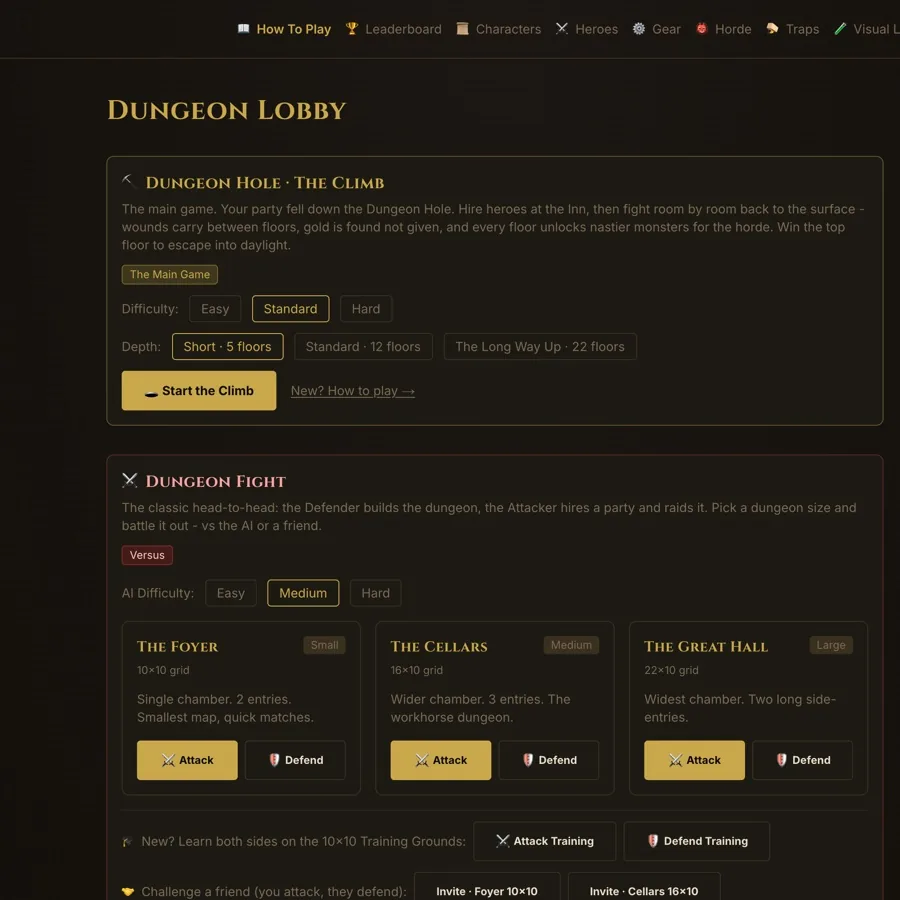 Dungeon Hole: the lobby, pick a difficulty and a depth, or fight