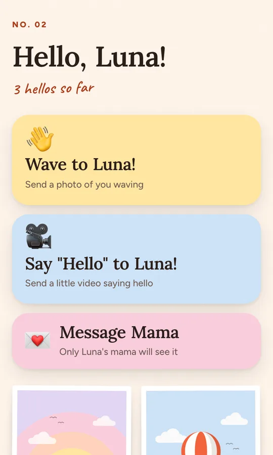 Hello, Luna: wave to Luna, say hello to Luna, and message Mama