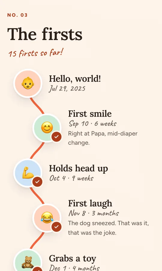 The firsts as a winding trail: hello world, first smile, holds head up, first laugh