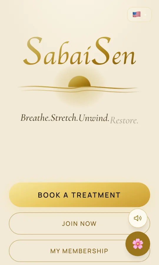 SabaiSen's site on a phone: the studio's name, Breathe. Stretch. Unwind. Restore., and a Book a Treatment button