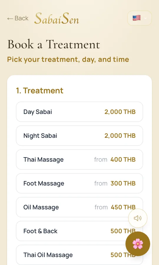 Book a Treatment: the treatment list with prices in baht, Day Sabai, Night Sabai, Thai Massage, Foot Massage, Oil Massage